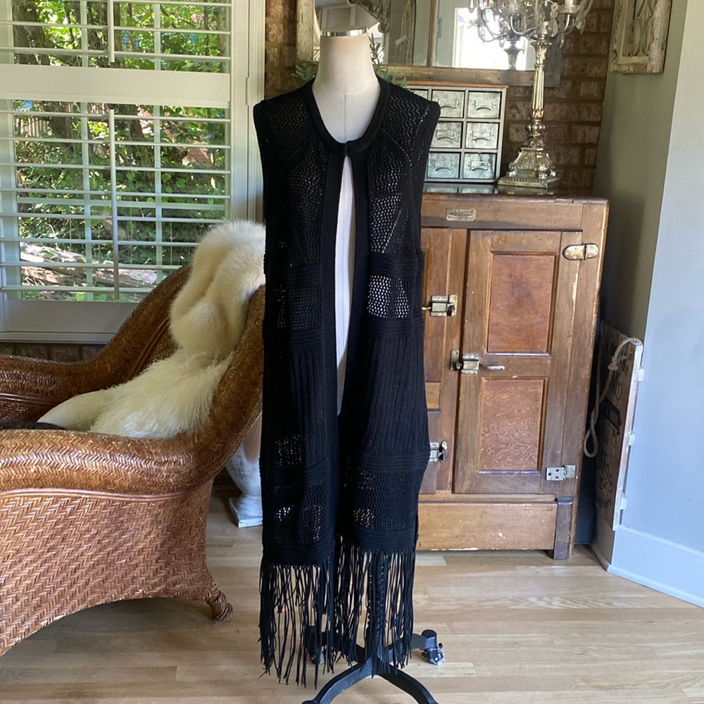 PH5 BLACK SLEEVELESS CROCHET SLEEVELESS FRINGE CARDIGAN LONG M/L EXCELLENT